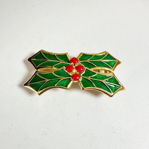 Vintage Paquette Belt Buckle Holly Christmas Womens Two Piece Goldtone Enamel - Picture 1 of 7